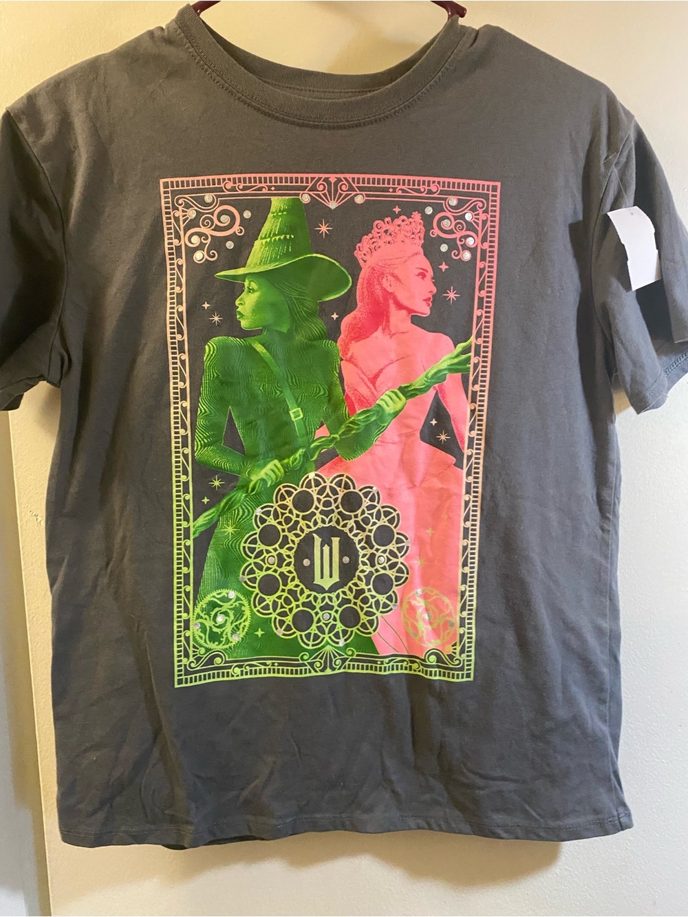 Gray Graphic Tee with Neon Green and Neon Pink Wizard Design